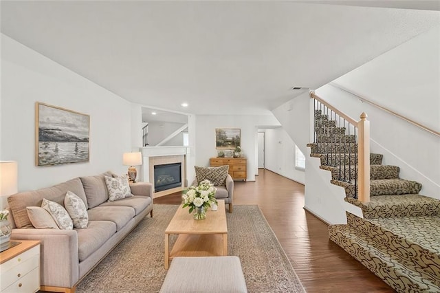 living room featuring dark wood-type flooring