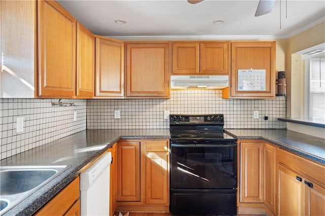 kitchen featuring ornamental molding, tasteful backsplash, ceiling fan, black range with electric cooktop, and dishwasher