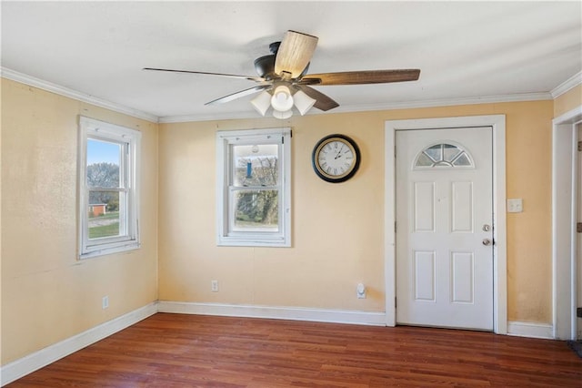 foyer entrance featuring hardwood / wood-style flooring, ceiling fan, and ornamental molding