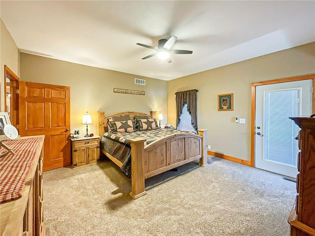 bedroom with light carpet and ceiling fan