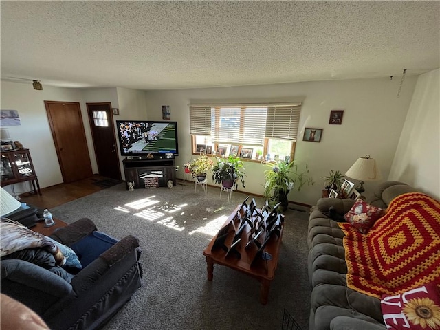 carpeted living room featuring a textured ceiling