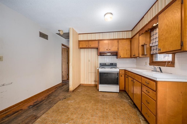 kitchen with white range with electric cooktop, sink, a textured ceiling, tasteful backsplash, and light hardwood / wood-style floors