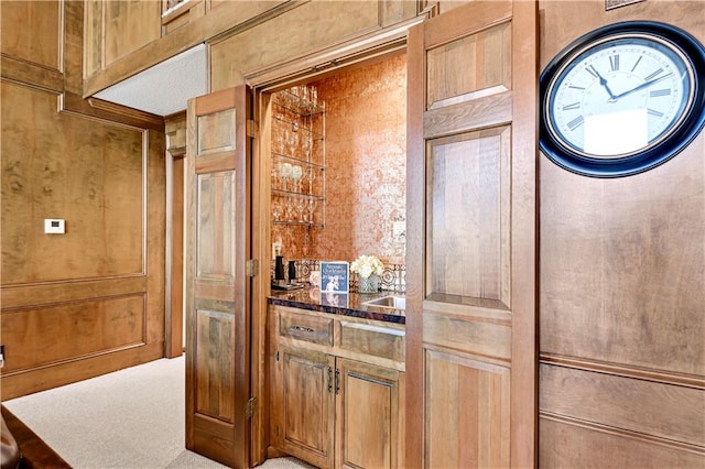 kitchen with carpet, wood walls, and sink