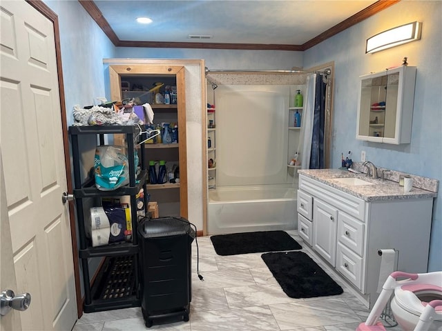 bathroom featuring ornamental molding, shower / bath combo, and vanity