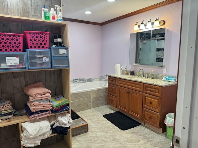 bathroom featuring vanity, tile patterned flooring, ornamental molding, and separate shower and tub