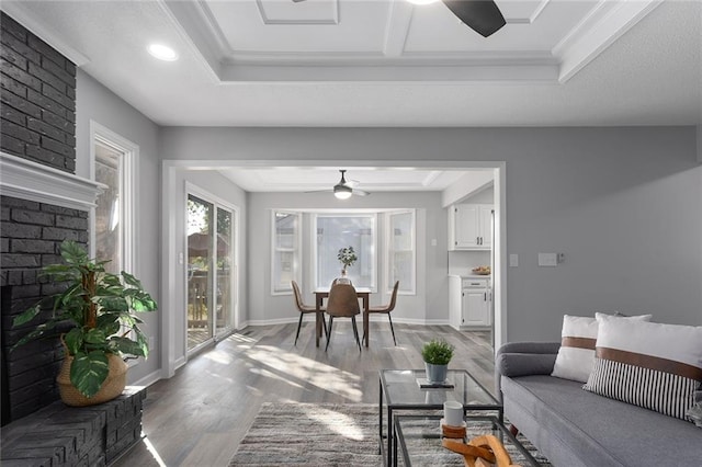 living room featuring ornamental molding, hardwood / wood-style floors, a fireplace, and ceiling fan