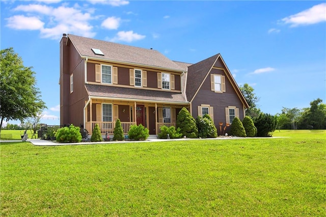 colonial inspired home featuring a front yard and a porch