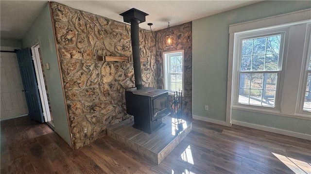 living room featuring dark wood-type flooring and a wood stove