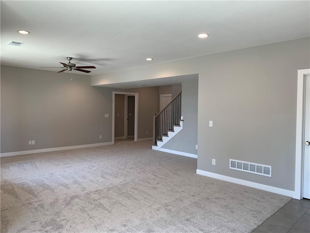 spare room with visible vents, recessed lighting, stairs, and baseboards