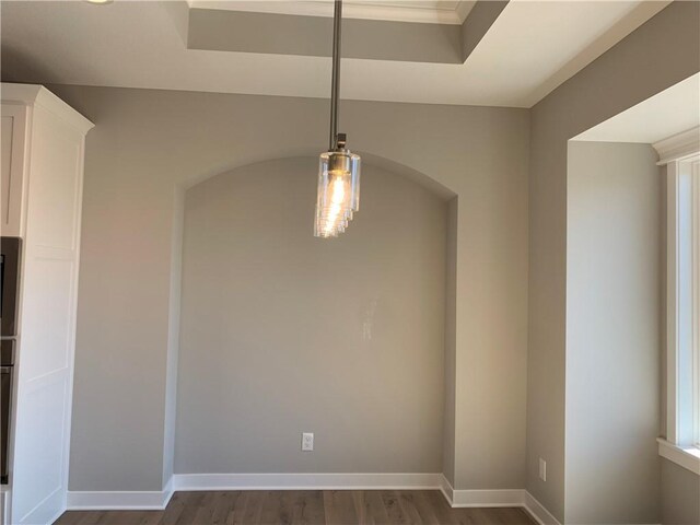 unfurnished dining area with a tray ceiling, baseboards, and dark wood-style flooring