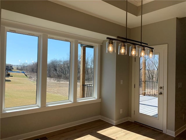 unfurnished dining area featuring dark wood-style floors, a healthy amount of sunlight, and baseboards