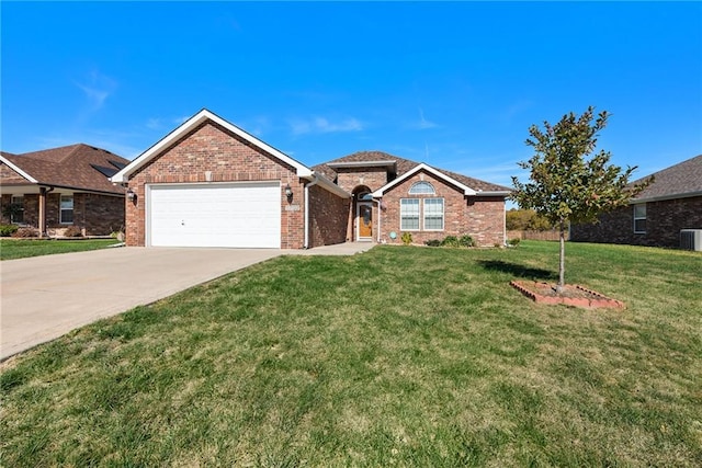 single story home with central AC unit, a garage, and a front lawn