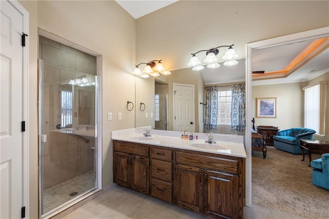 bathroom featuring tile patterned floors, a tray ceiling, vanity, and an enclosed shower