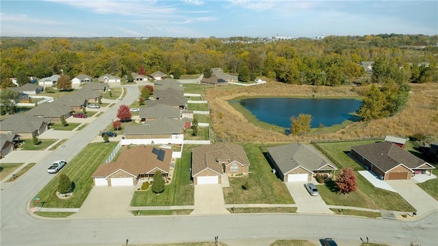 drone / aerial view featuring a water view