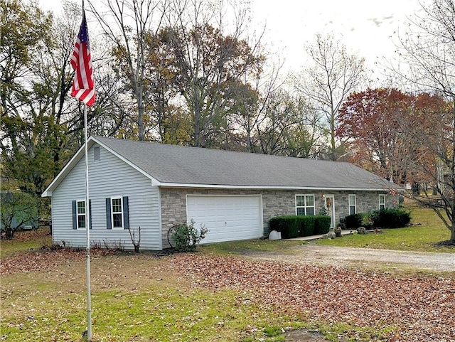 single story home featuring a garage, stone siding, aphalt driveway, and roof with shingles