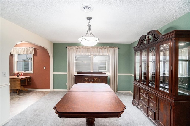 dining space featuring light carpet, a textured ceiling, and plenty of natural light