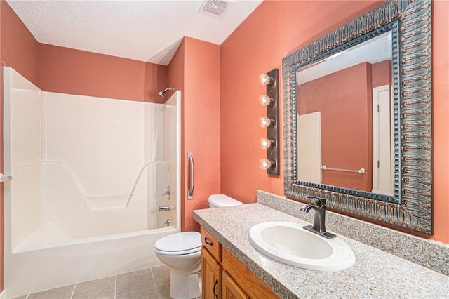 full bathroom featuring vanity, shower / tub combination, tile patterned flooring, toilet, and a textured ceiling