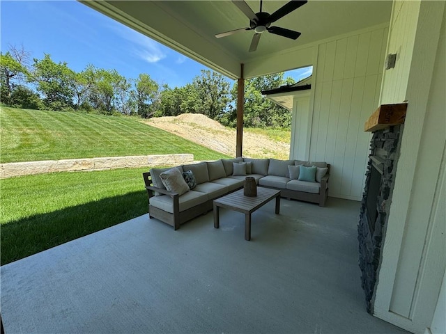 view of patio / terrace with ceiling fan and an outdoor hangout area