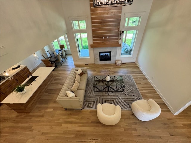 living room with wood-type flooring, a wealth of natural light, and a high ceiling