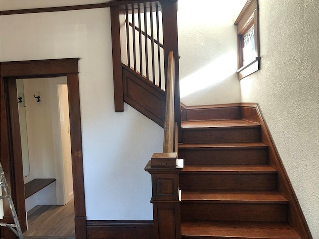 stairway featuring hardwood / wood-style flooring