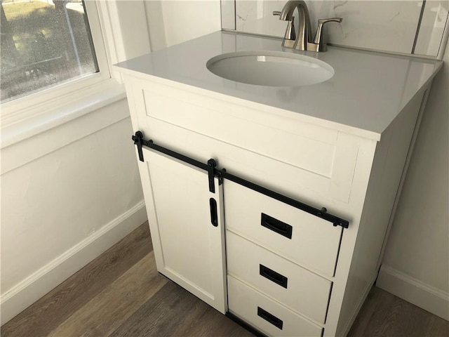 bathroom with vanity and hardwood / wood-style flooring