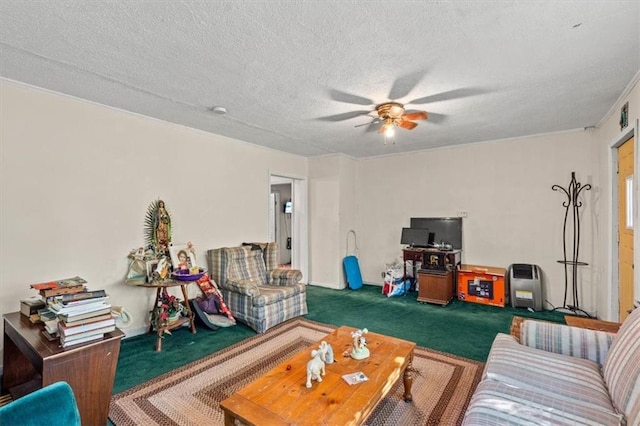 living room featuring dark colored carpet, a textured ceiling, and ceiling fan