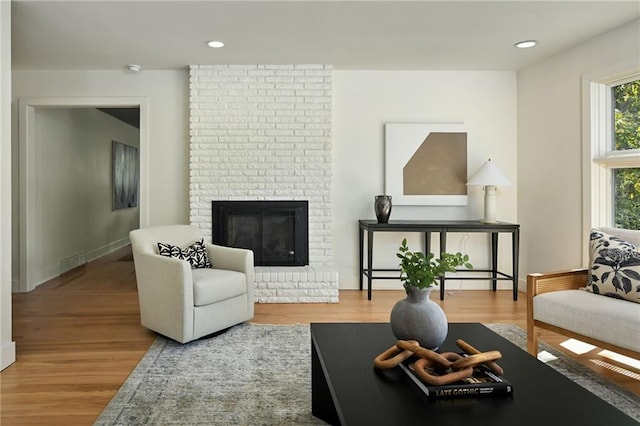 living room featuring a fireplace and hardwood / wood-style flooring