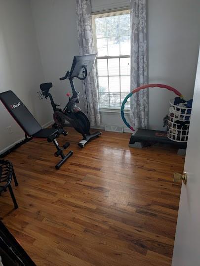 exercise area featuring plenty of natural light and dark hardwood / wood-style flooring