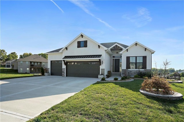 modern inspired farmhouse featuring a front lawn and a garage