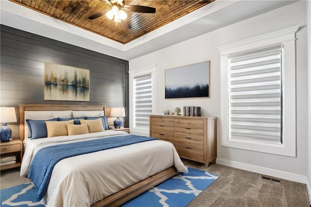 carpeted bedroom featuring wood ceiling and ceiling fan