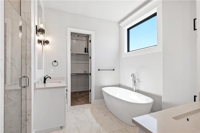 bathroom with vanity and plus walk in shower