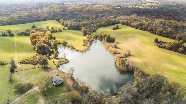 bird's eye view featuring a water view and a rural view