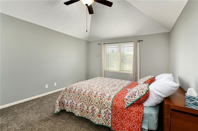 bedroom featuring ceiling fan, lofted ceiling, and carpet floors