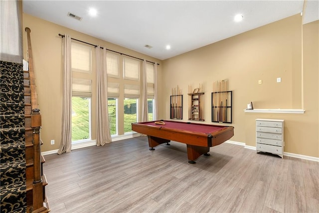 recreation room featuring light hardwood / wood-style floors and pool table