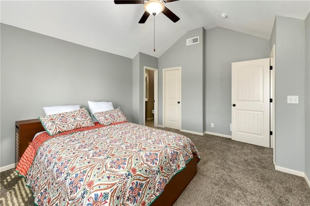 bedroom with vaulted ceiling, carpet floors, and ceiling fan