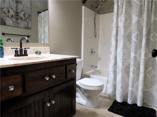 full bathroom with vanity, toilet, tile patterned flooring, and shower / tub combo with curtain