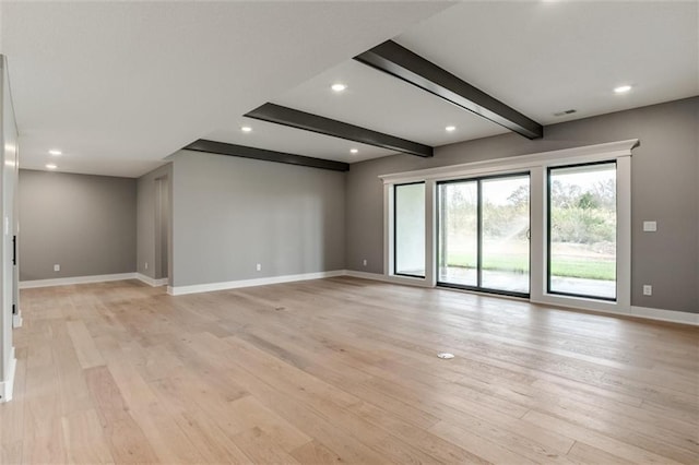 3411 S Mize Ridge Ct, Independence, MO 64057 - unfurnished room featuring baseboards, light wood-style floors, beam ceiling, and recessed lighting