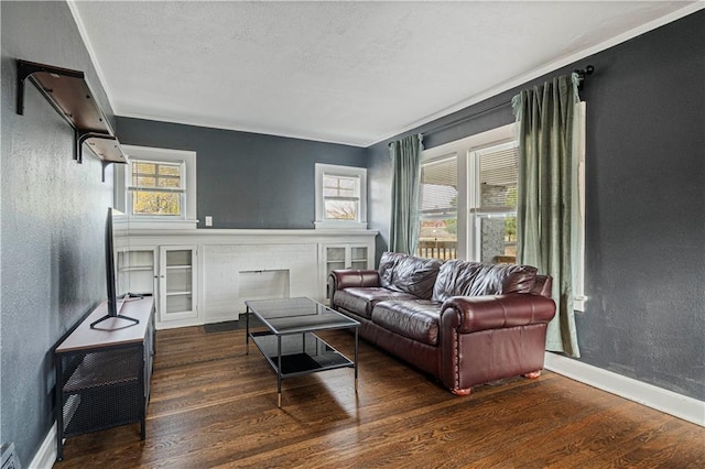 living room with crown molding, a fireplace, and dark hardwood / wood-style floors