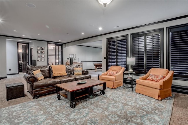 carpeted living room with crown molding