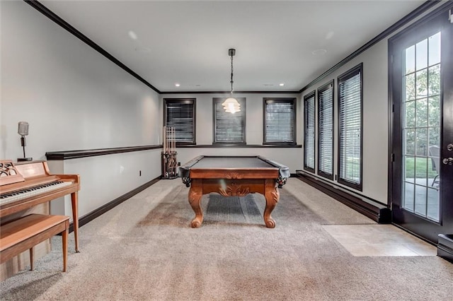 recreation room with light carpet, billiards, and ornamental molding