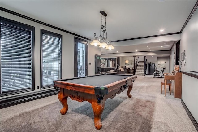 playroom with light colored carpet, billiards, and ornamental molding