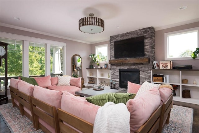 living room with a wealth of natural light, a fireplace, and dark hardwood / wood-style flooring