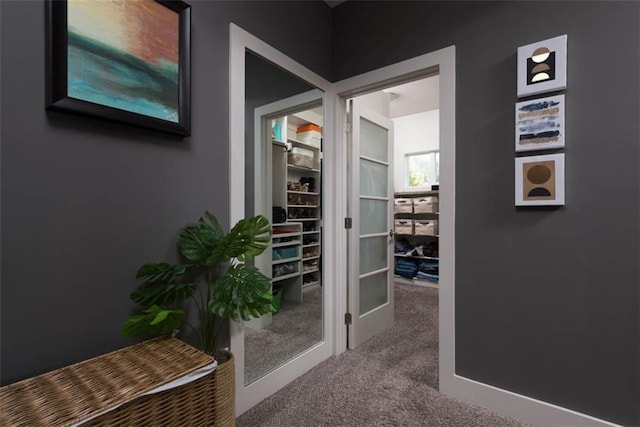 hallway with carpet floors