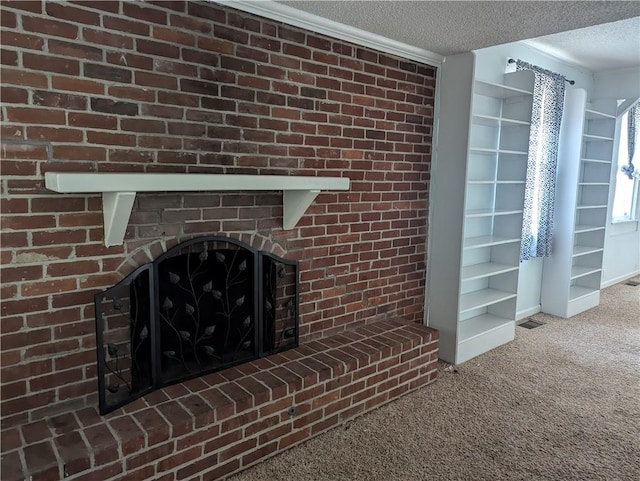 unfurnished living room with a fireplace, a textured ceiling, and carpet floors