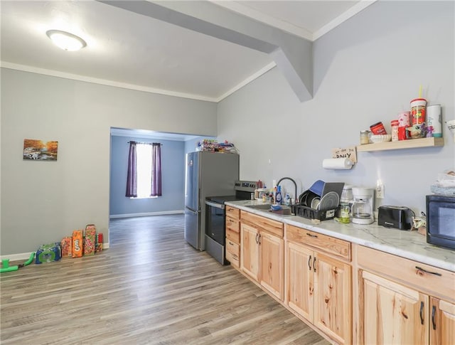 kitchen with light brown cabinetry, sink, light wood-type flooring, electric range, and crown molding