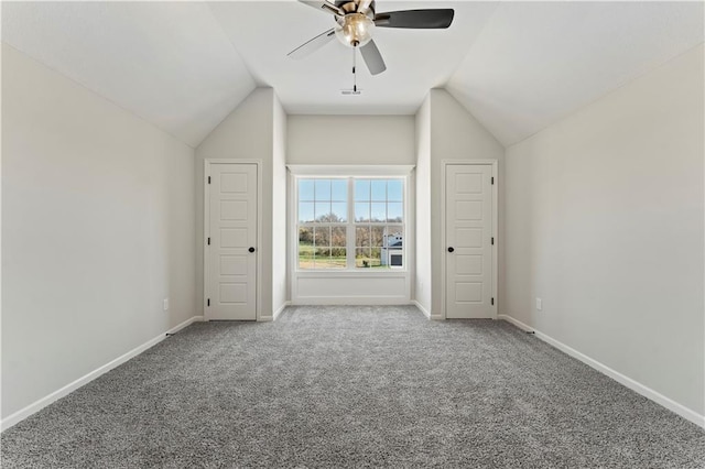 bonus room featuring carpet floors, vaulted ceiling, and ceiling fan