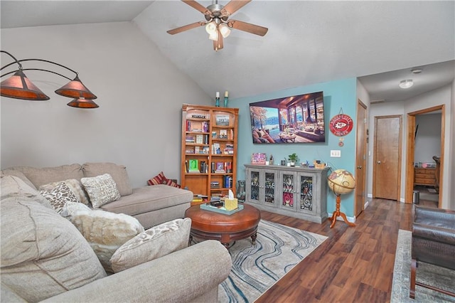 living room featuring ceiling fan, lofted ceiling, and dark hardwood / wood-style floors