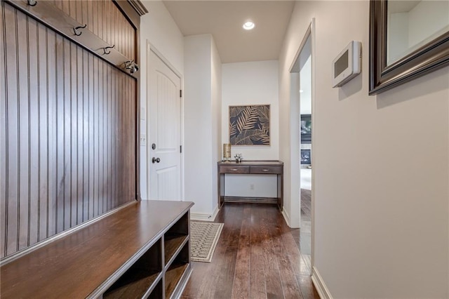 mudroom with dark wood-type flooring