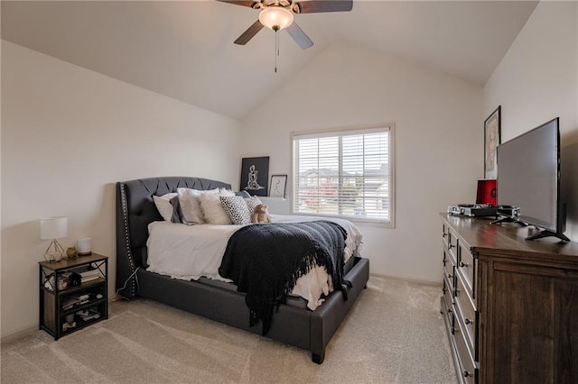 bedroom with high vaulted ceiling, light carpet, and ceiling fan