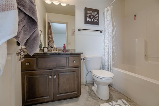 full bathroom featuring vanity, shower / bath combo, and toilet